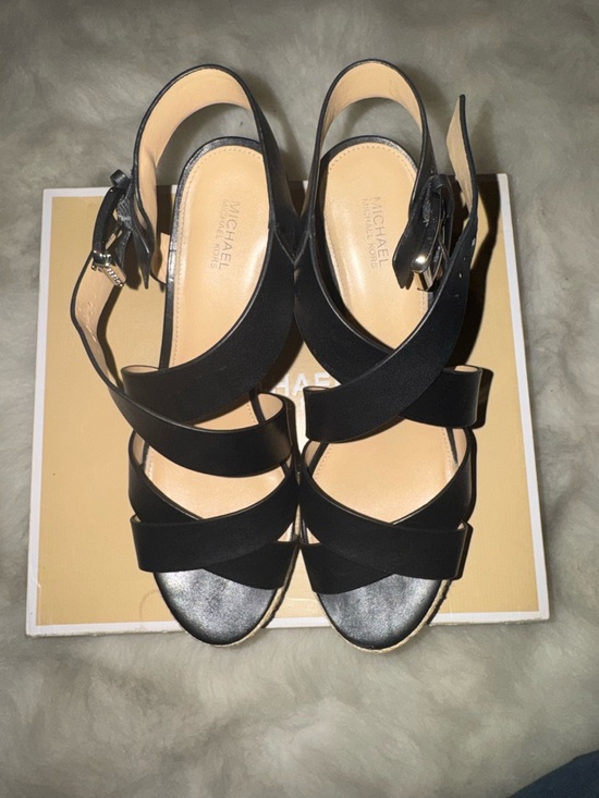 Michael Kors Black Leather Crisscross Wedge Sandals - Picture 2 of 8